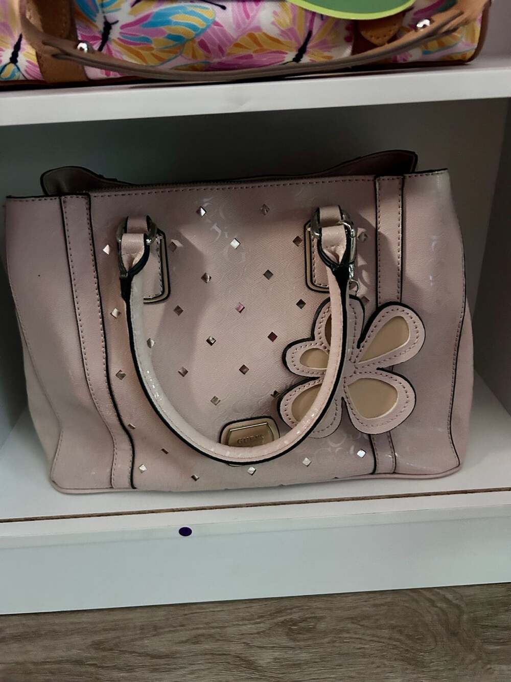 GUESS Blush Pink Studded Satchel Handbag with Floral Flower Charm